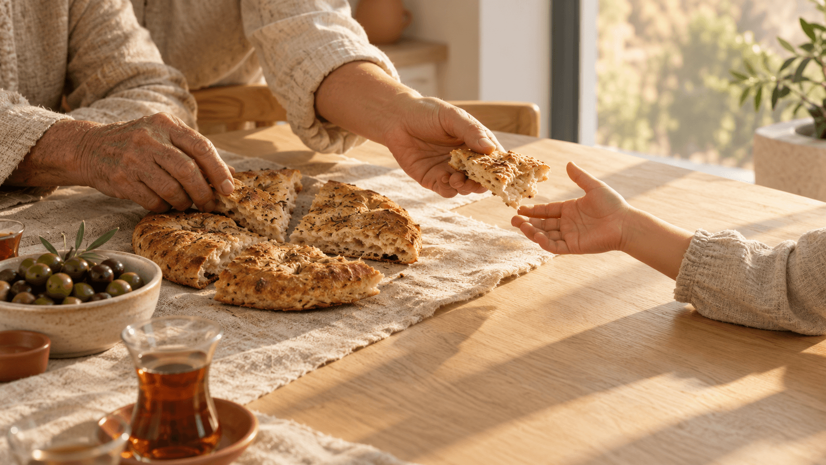 Handen van drie generaties delen aan een houten familietafel een rond brood dat in gelijke stukken is gebroken.